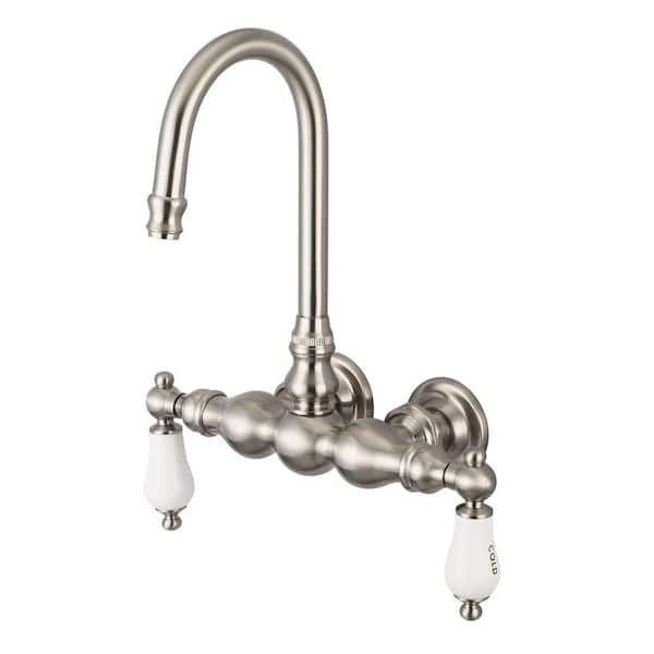 Water Creation 2-Handle Wall Mount Gooseneck Claw Foot Tub Faucet with Labeled Porcelain Lever Handles in Brushed Nickel