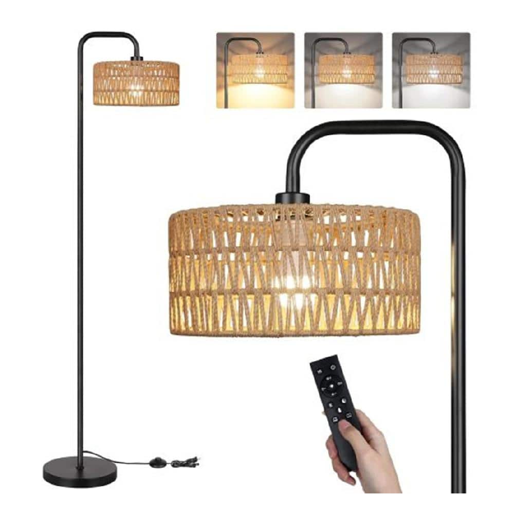 68 in. Black Farmhouse Boho 1-Light Smart Standard Floor Lamp with Rattan D