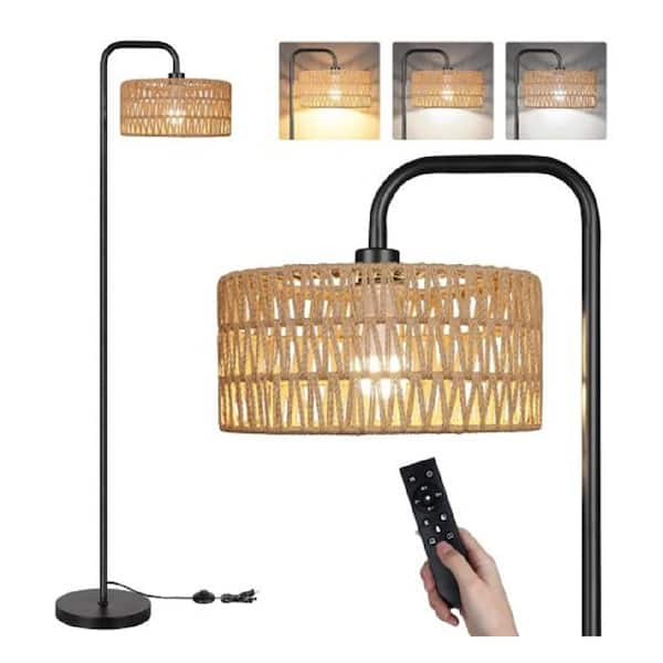 Ahfiwaso 68 in. Black Farmhouse Boho 1-Light Smart Standard Floor Lamp with Rattan Drum Shade, 3-Color LED Bulb, Remote & Timer
