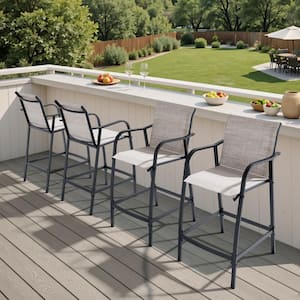 Metal Outdoor Bar Stool, Counter Height Patio Bar Chairs in Gray and Brown w/ Arms, Breathable Textilene Seat (Set of 4)