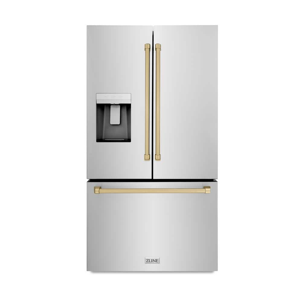 36 in. 3-Door French Door Refrigerator w/ Dual Ice Maker in Fingerprint Resistant Stainless & Champagne Bronze Handles