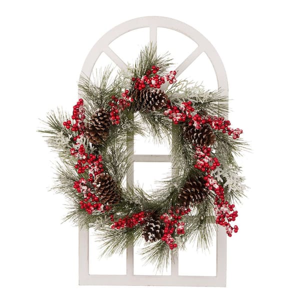 Glitzhome 24 in. Artificial Dia Flocked Pinecone and Berry Wreath with Wooden Window Frame