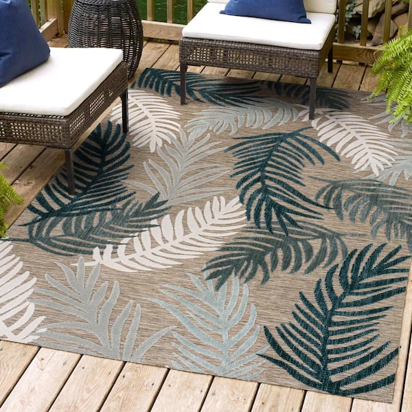 JONATHAN Y Montego Approximate Rug Size (5 x 8 ft.) High-Low Tropical Palm Brown/Navy/Ivory Indoor/Outdoor Area Rug