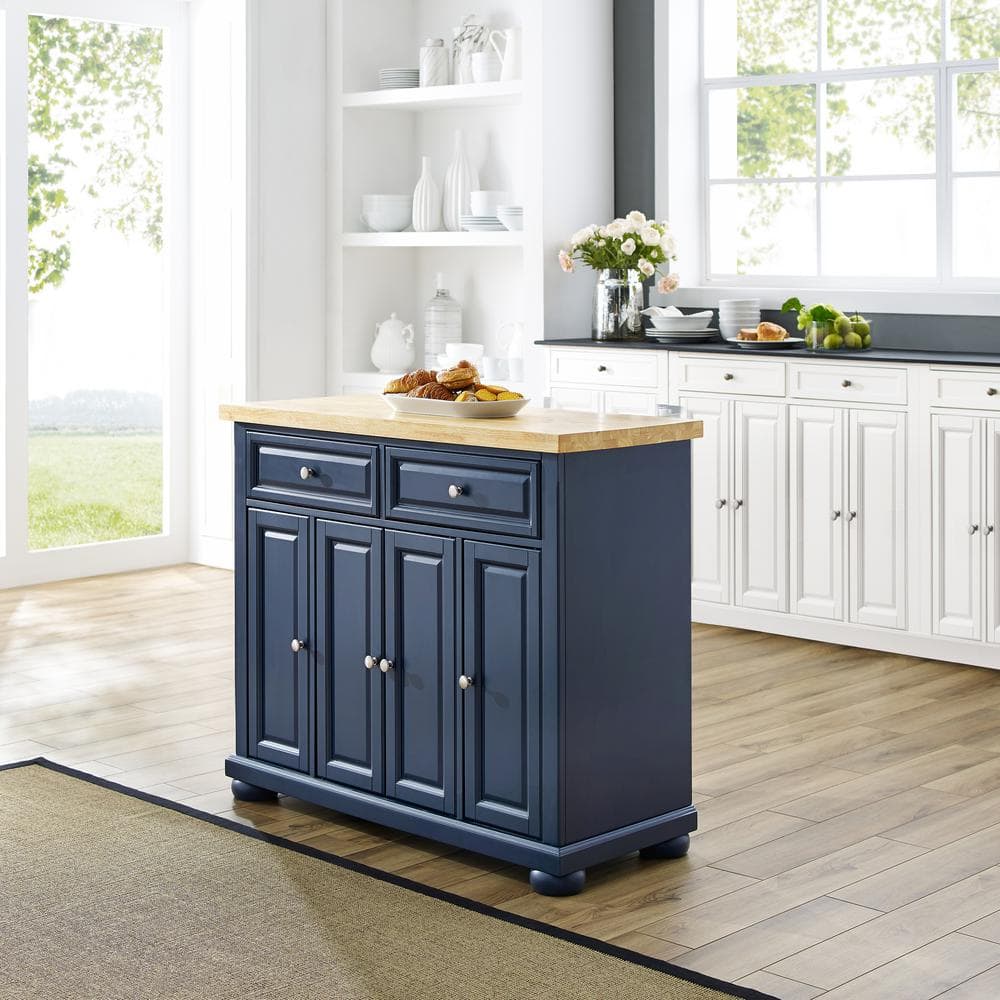 Navy Solid Wood Butcher Block Kitchen Island with Storage