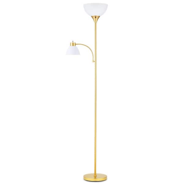 Merra 71 in. Gold Torchiere Floor Lamp, 2-Light Standing Lamp for Living Room with Acrylic Dome Shade and Reading Lights