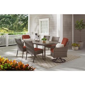Windsor Brown Wicker Outdoor Patio Stationary Armless Dining Chair with CushionGuard Quarry Red Cushions (2-Pack)