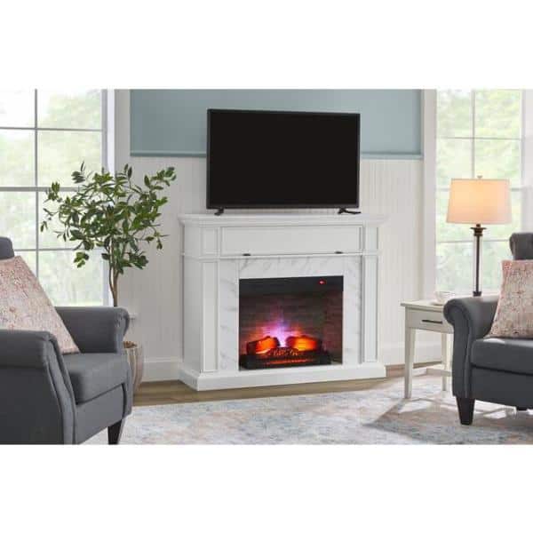 StyleWell Pritchett 53 in. W Wall Media Mantel Electric Fireplace in White Finish with White Faux Carrara Surround