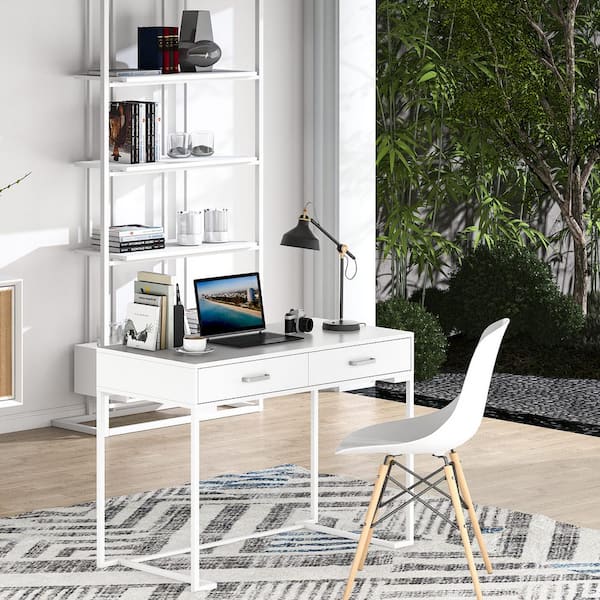 Halseey 39.4 in. Rectangle White Wood 2-Drawer Computer Desk