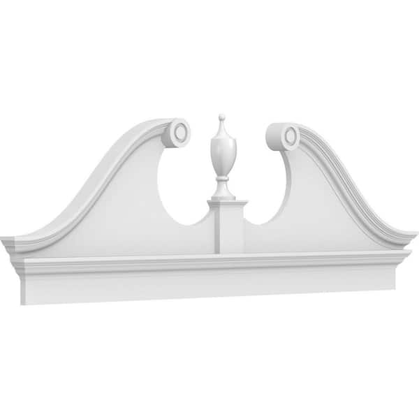Ekena Millwork 74-in. W x 25-3/8-in. H x 2-3/4-in. P Rams Head Signature Urethane Combination Pediment Urn Ships Unattached in Box Prim