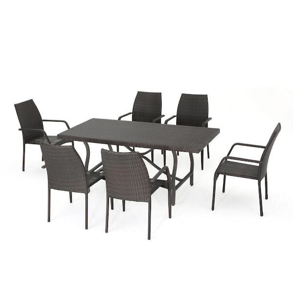Noble House Alexandria Multi-Brown 7-Piece Faux Rattan Outdoor Dining Set