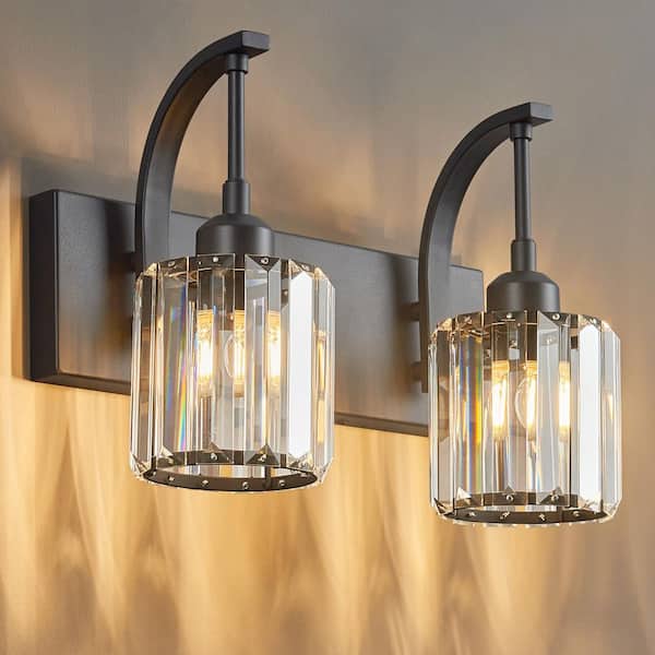 Home Lighting 13.77 in. 2-Light Black Round Vanity Lights with Crystal Accents Over Mirror For Bathroom (JW-294）