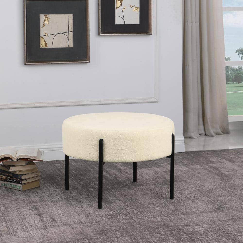Cream Sherpa Round Ottoman with Black Metal Legs