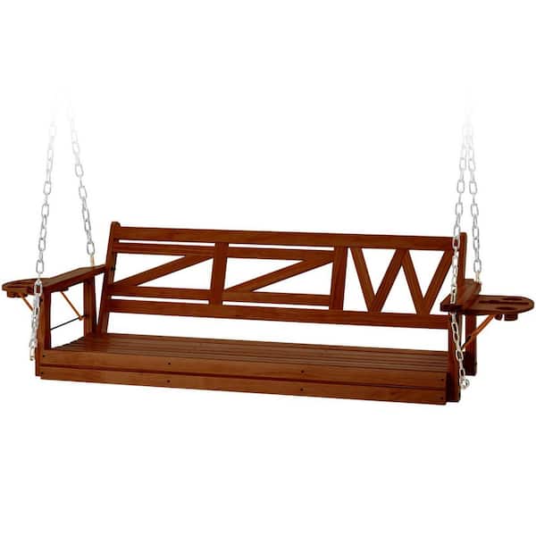 75 in. Brown Wood Heavy Duty Porch Swing with Hanging Chains and Upgraded Cupholders