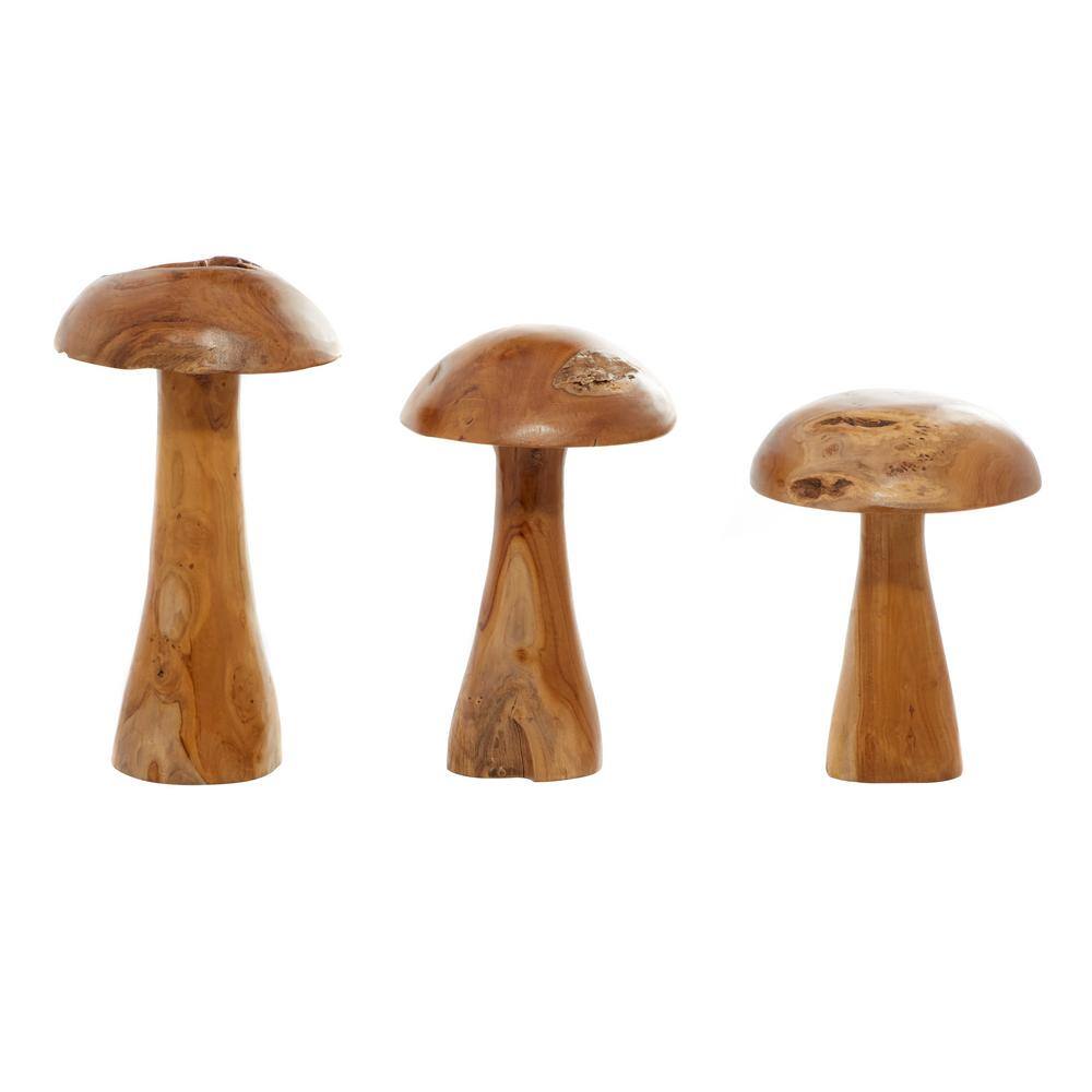 Handcrafted Teak Wood Mushroom Sculptures in Natural Brown, Set of 3