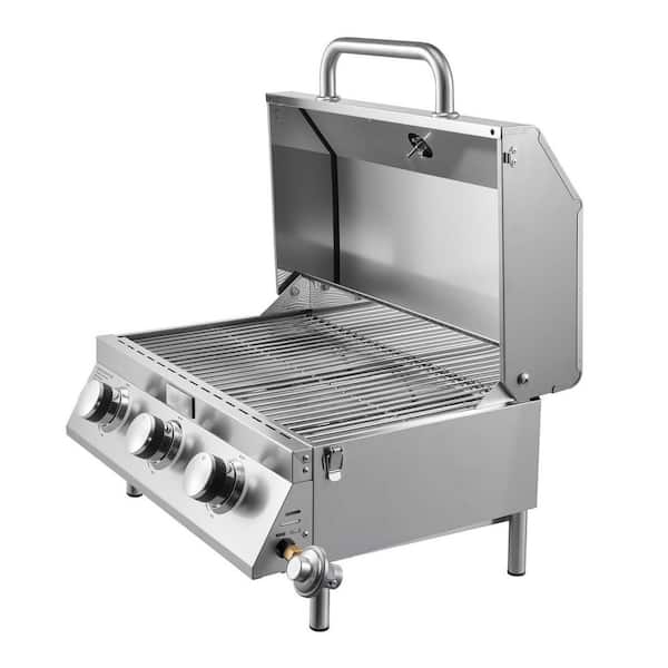 Tabletop Gas Grill, 3-Burner Portable Propane Grill in Stainless Steel with Built-in Thermometer Travel Locks