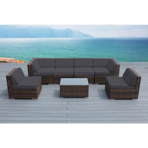 Mixed Brown 7-Piece Wicker Patio Seating Set with Sunbrella Coal Cushions