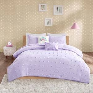 Ensley 5-Piece Lavender 100% Cotton Full/Queen Jacquard Pom Pom Kids Comforter Set