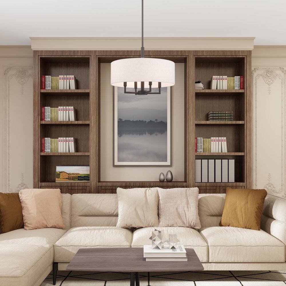 Mini Drum English Bronze Pendant with Oatmeal Fabric Shade