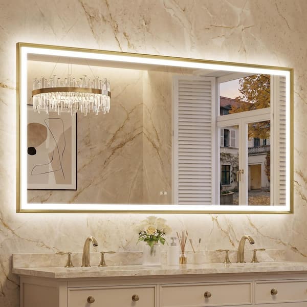 72 in. W x 36 in. H Dimmable LED Anti-Fog Modern Aluminum Bathroom Vanity Mirror with Memory Function, Brushed Gold