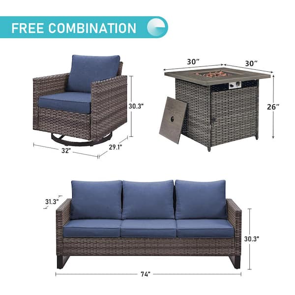 4-Piece Gray Wicker Fire Pit Conversation Set with Olefin Blue Cushions and U-Foot Swivel Glider Chairs