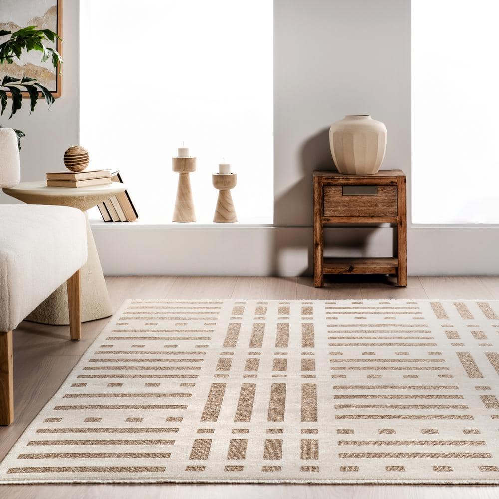 Mina Beige and Brown Geometric Reversible Washable Area Rug