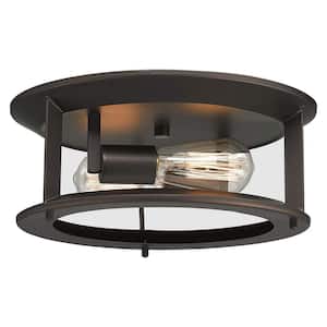 12.6 in. 2-Light Oil Rubbed Bronze Flush Mount with Metal Shade and No Bulbs Included