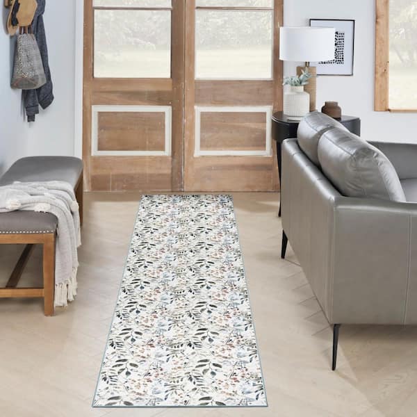 Washables Ivory Multicolor 2 ft. x 8 ft. Botanical Traditional Runner Area Rug