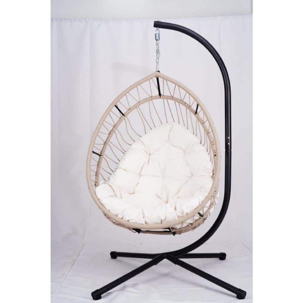 Single Outdoor/Indoor Wicker Foldable Patio Swing Egg Chair with Stand, Beige Cushion