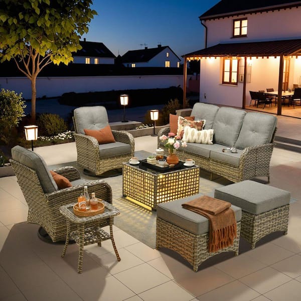 Beverly Gray 7-Piece Wicker Patio Conversation Sofa Swivel Chairs Set with Ottomans and Dark Gray Cushions