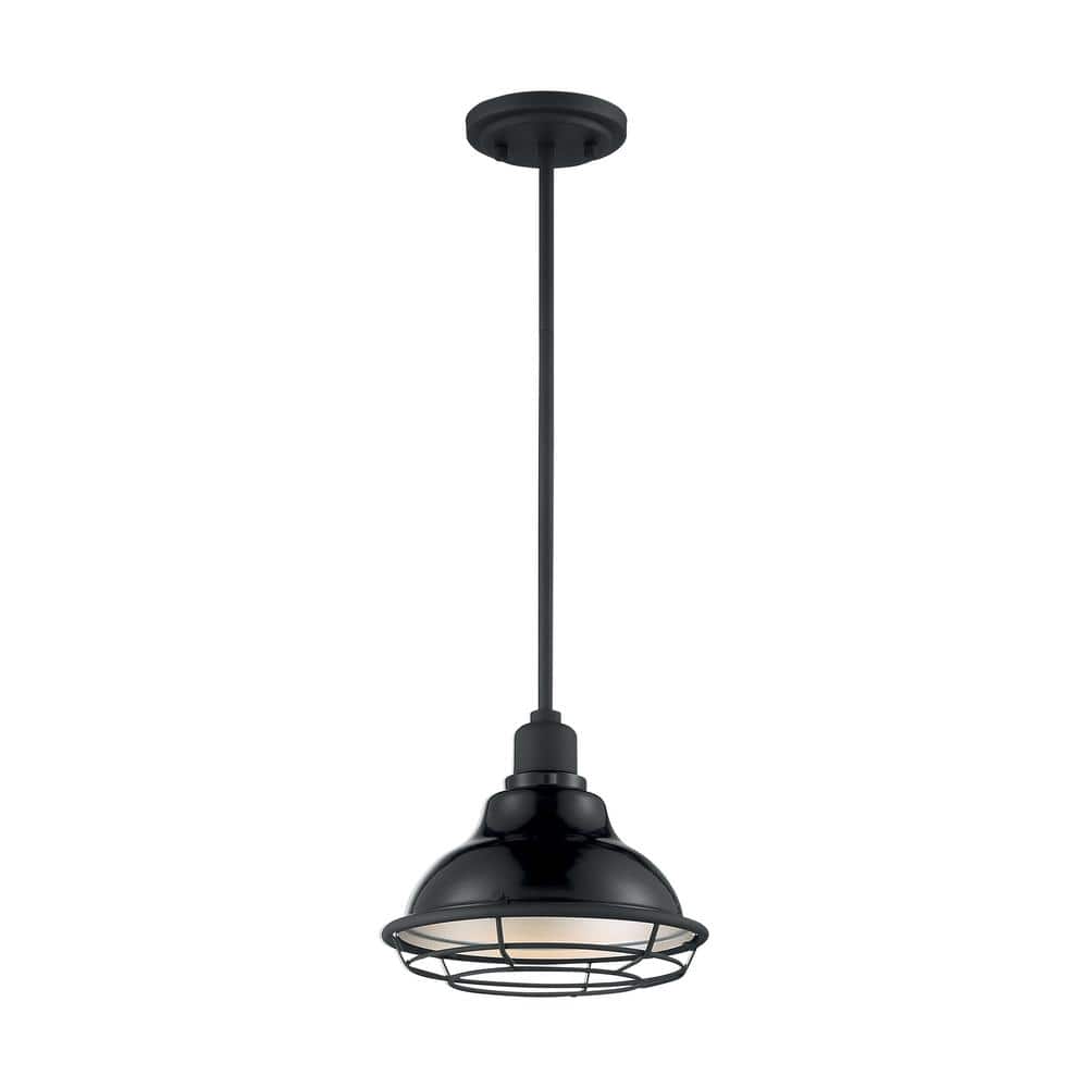 Gloss Black and Silver Industrial Pendant Light with Metal Cage