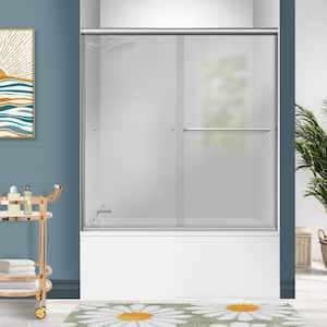 60 in. W x 57 in. H Double Sliding Semi-Frameless Bathtub Door in Polished Chrome with 1/4 in. Frosted Tempered Glass