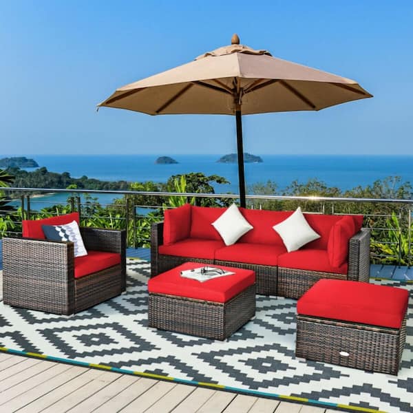 Clihome 6-Piece Wicker Outdoor Patio Conversation Set Rattan Furniture Sofa Set with Red Sectional Cushions
