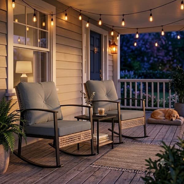 3-Piece Patio Metal Outdoor Bistro Set with Rocking Chairs Grey Cushions and Table