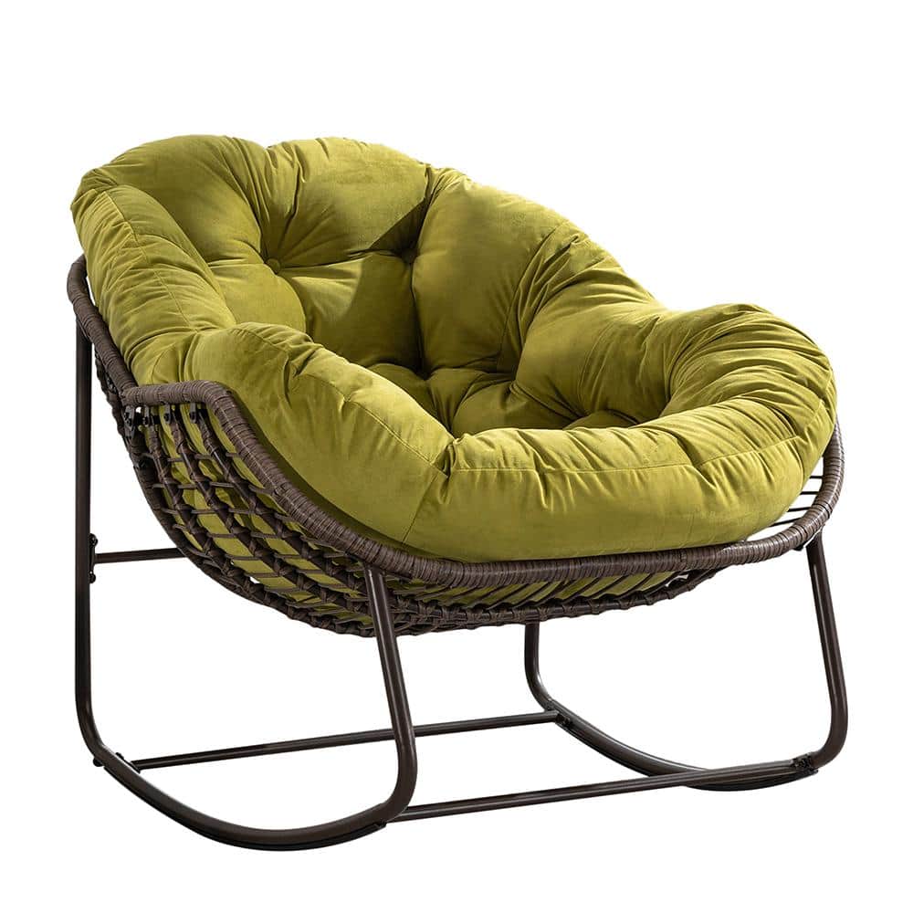 Indoor and Outdoor PE Wicker Outdoor Rocking Chair w/ Olive Green Cushion, 