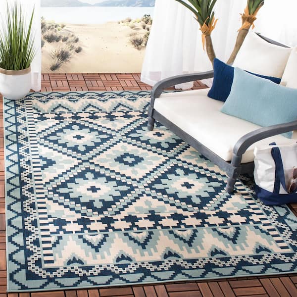 Veranda Turquoise/Blue 5 ft. x 8 ft. Border Indoor/Outdoor Patio  Area Rug