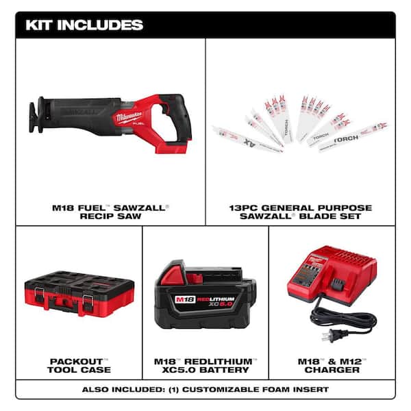 M18 FUEL 18V Brushless SAWZALL w/ PACKOUT Box, 5. 0Ah Battery, Charger with SAWZALL 13-Pc Blade Set