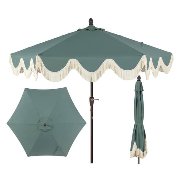 JONATHAN Y Collins 9 ft. Cottage Tassel Market Patio Umbrella with Auto-Tilt, Crank, Wind Vent and UV Protection in Green/Cream