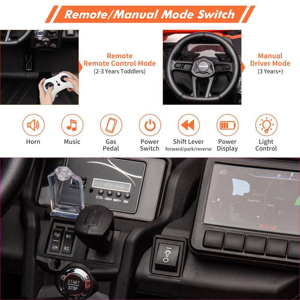 24V Orange Ride-On UTV with Remote Control and Music Player