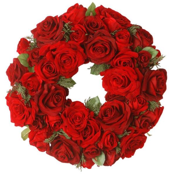 National Tree Company 15 in. Artificial Decorated Wreath with Velvet Mixed Roses and Cedar in Foam Base