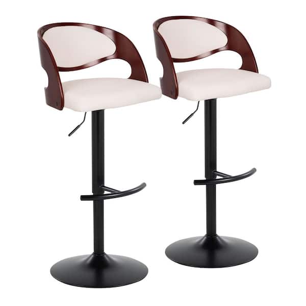 Lumisource Pino 33 in. White Faux Leather, Cherry Wood and Black Metal Adjustable Bar Stool with Rounded T Footrest (Set of 2)
