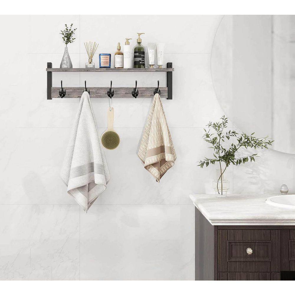 Rustic Grey Wood Coat Rack with Wall Shelf and Hooks-24 Inch Long ...