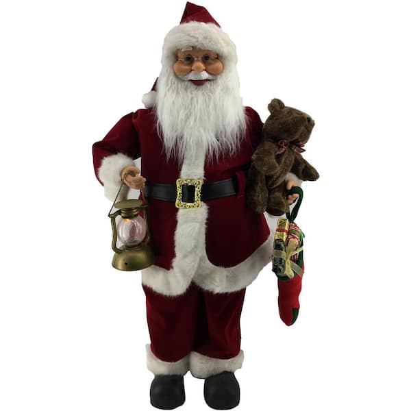 Fraser Hill Farm 36 in. Christmas Santa Claus Figurine with Lighted Lantern, Teddy Bear and Stocking