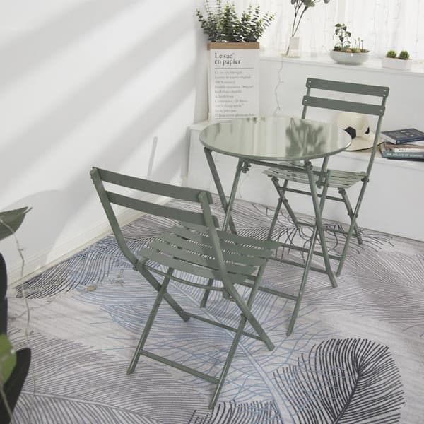 Sudzendf 3-Piece Metal Patio Bistro Set of Foldable Round Table and Chairs, Dark Green