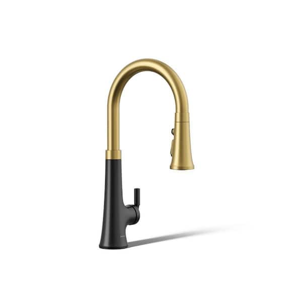 Tone Single Handle Touchless Pull Down Sprayer Kitchen Faucet in Matte Black with Moderne Brass