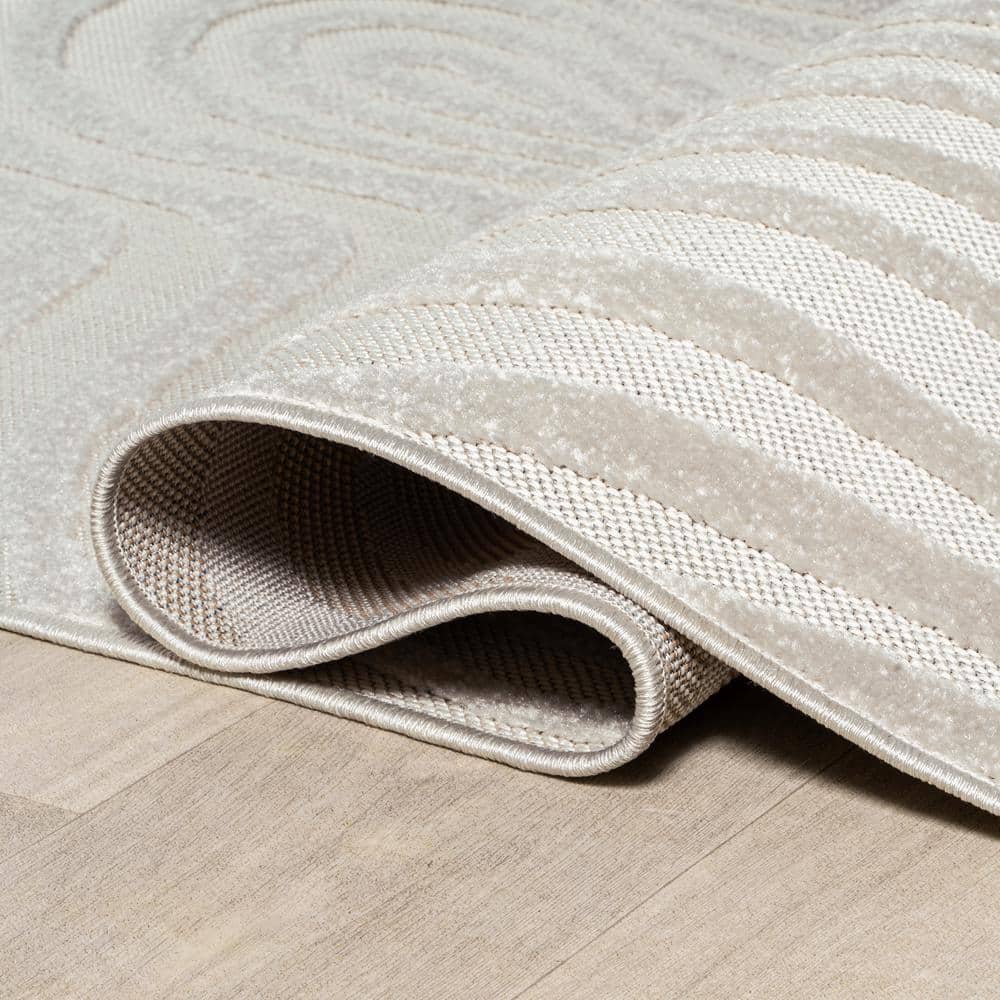 Ivory and Cream High-Low Striped 8' x 10' Synthetic Area Rug