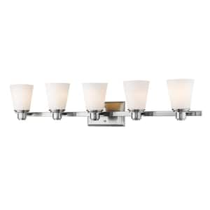 Kayla 38.625 in. 5-Light Brushed Nickel Vanity Light with Matte Opal Glass Shade