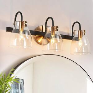 Modern Bathroom Vanity Light, 3-Light Gold and Black Wall Sconce with Clear Glass Shades