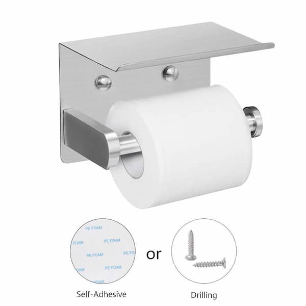 VAEHOLD Self Adhesive Toilet Paper Holder with Phone Shelf SUS304 Stainless Steel Wall Mounted Toilet Paper Roll Holder - Rustproof and Bathroom