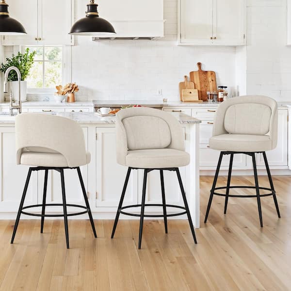 39 in. Linen Fabric Swivel Bar Stool Upholstered Metal Frame Counter H8 Barstools with Round Footrest Set of 3