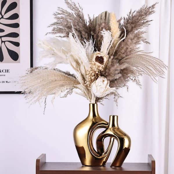 Gold Hollow Ceramic Vases (Set of 2), Modern Nordic Boho ins Style Vases for Decor